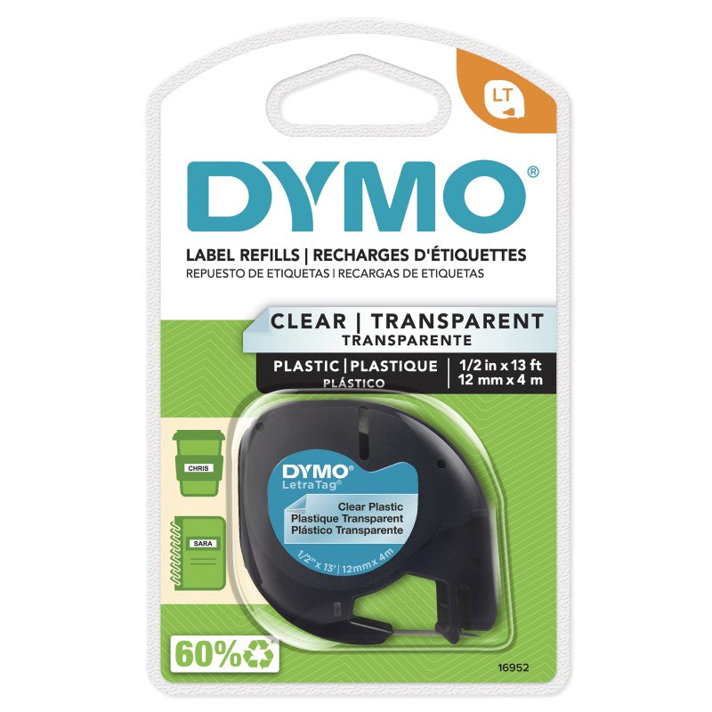 DYMO LETRATAG PLASTIC LABEL BLACK ON CLEAR TAPE