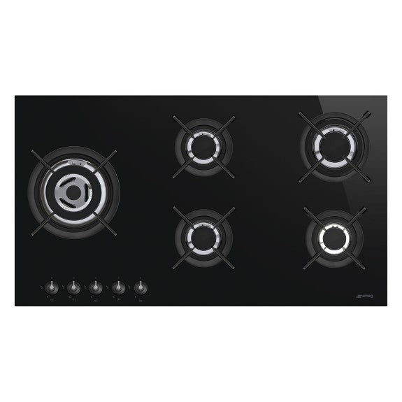 Smeg 90cm Linea 5 Burner Gas Cooktop - Black Ceramic Glass