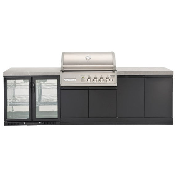 Crossray Outdoor Kitchen 4 Burner BBQ, Double Door Fridge & Storage