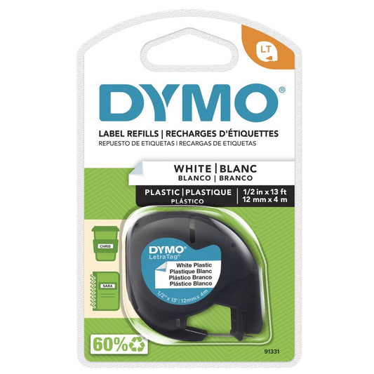 DYMO LETRATAG PLASTIC LABEL BLACK ON WHITE TAPE