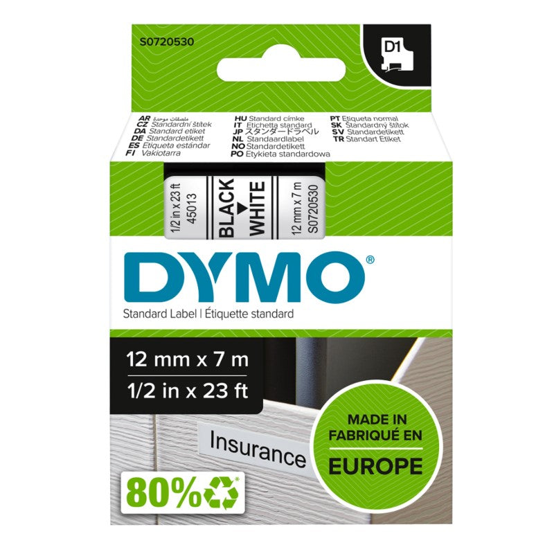 DYMO D1 LABEL TAPE 12MM X 7M - BLACK ON WHITE