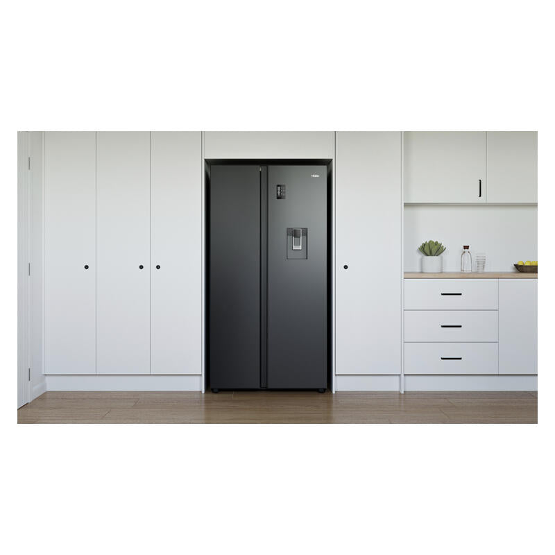 Haier 523L Side-by-Side Fridge Freezer with Water Dispenser - Black (300 Series)