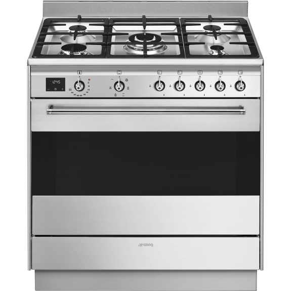 Smeg 90cm Dual Fuel Freestanding Oven with 5-Burner Gas Cooktop - Stainless Steel (Classic)