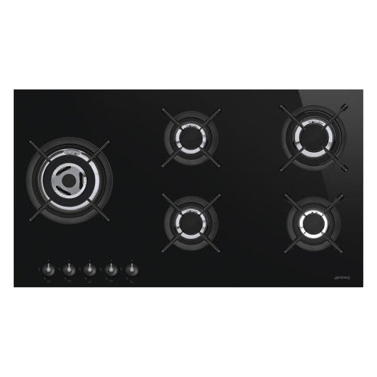 Smeg 90cm Linea 5 Burner Gas Cooktop - Black Ceramic Glass