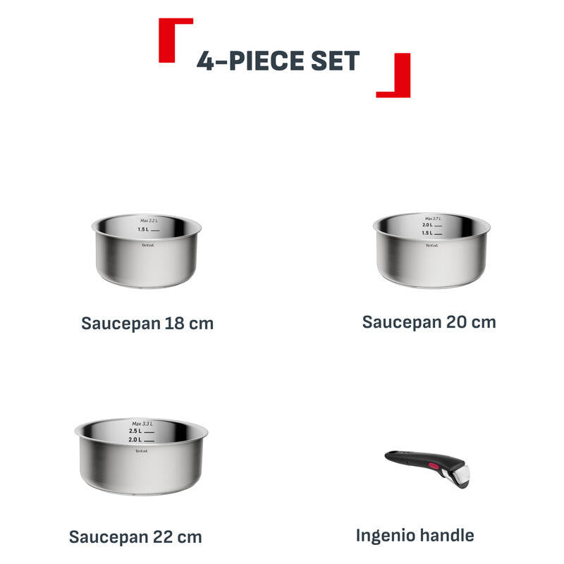 Tefal Ingenio Emotion+ 4 Piece Induction Uncoated Stainless Steel Pot Set