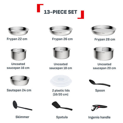 Tefal Ingenio Emotion+ 13 Piece Induction Uncoated Stainless Steel Set